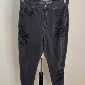 American Eagle Outfitters Charcoal Jeans with Black Floral Pattern